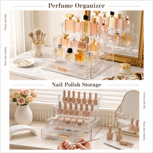 Cosmetic Storage Box with Drawers, 3-Tier Perfume Display Organizer for Vanity, Dressing Table and Bathroom Use, for Skincare, Beauty Products and Small Jewelry Storage