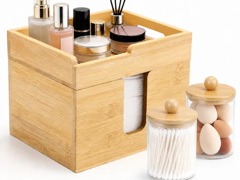 Bamboo Disposable Face Towel Holder with 2 Glass Jars - Open-Top Skincare Organizer for Facial Cleansing Wipes & Beauty Essentials - Bathroom Countertop Vanity Organizer