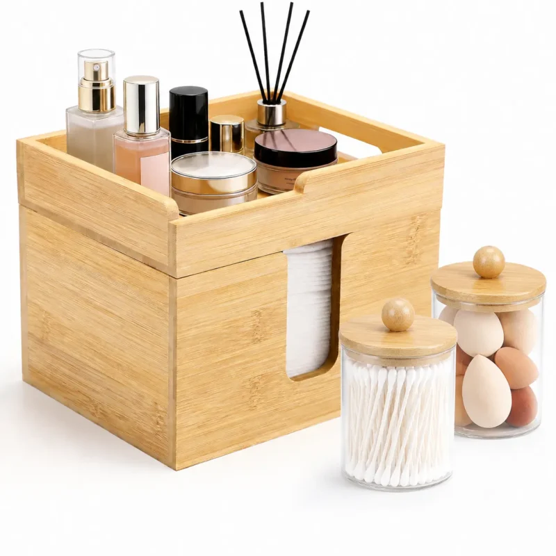 Bamboo Disposable Face Towel Holder with 2 Glass Jars - Open-Top Skincare Organizer for Facial Cleansing Wipes & Beauty Essentials - Bathroom Countertop Vanity Organizer
