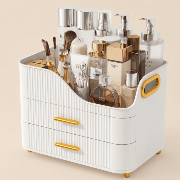 606096be-99ab-4e38-aa98-b254c0f7c2d0.eb742e2b7fc1d6296777601b67622796 Countertop Makeup Organizer with Drawers, 3 Tier Cosmetic Storage Box with Beauty Accessories Set, Vanity Bathroom Counter Dresser Skincare Display Case for Lipsticks, Beauty Palettes