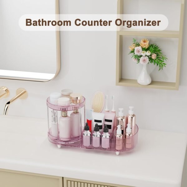 61MbCoGEKOL._SL1500 360 Rotating Vanity Makeup Organizer, 2 Small Trays & 5 Compartments for Cosmetics, Skincare, Perfume, Lipstick & Make up Brushes Holder, Dresser Countertop Organizers and Storage for Bathroom, Desk