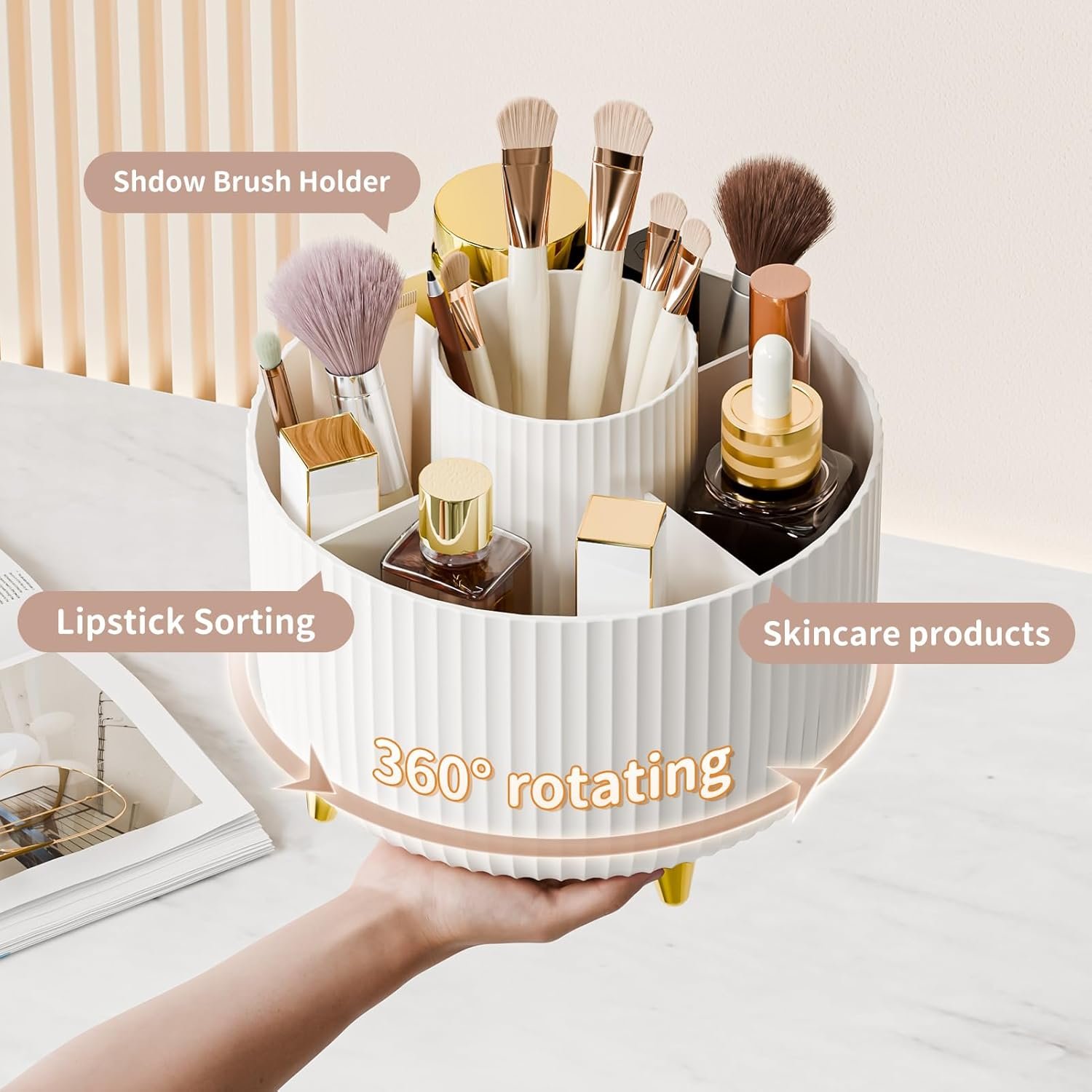 360° Rotate Makeup Brush Holder Organizer, Makeup Organizers Countertop, Makeup organization and Skincare Storage for Vanity, Desktop, Bathroom (White) - Image 2