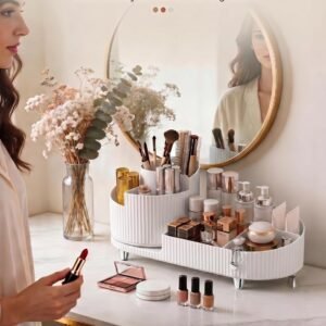 Rotating Makeup Caddy Organizer for Vanity, Large Capacity Cosmetic Display Case, Countertop Beauty Storage Holder for Skincare, Brush Eyeshadow Lipstick, Counter Desk Organization, White
