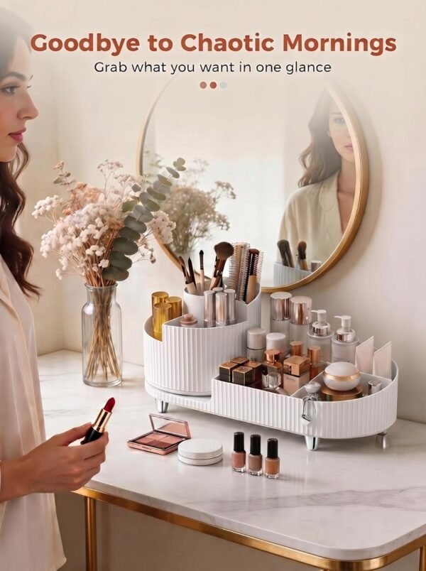 Rotating Makeup Caddy Organizer for Vanity, Large Capacity Cosmetic Display Case, Countertop Beauty Storage Holder for Skincare, Brush Eyeshadow Lipstick, Counter Desk Organization, White
