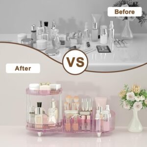 716sLlUYXWL._SL1500 360 Rotating Vanity Makeup Organizer, 2 Small Trays & 5 Compartments for Cosmetics, Skincare, Perfume, Lipstick & Make up Brushes Holder, Dresser Countertop Organizers and Storage for Bathroom, Desk