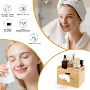 718ZneQoWbL._AC_SL1500 Bamboo Disposable Face Towel Holder with 2 Glass Jars - Open-Top Skincare Organizer for Facial Cleansing Wipes & Beauty Essentials - Bathroom Countertop Vanity Organizer