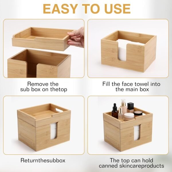 71Dw5S6dgiL._AC_SL1500 Bamboo Disposable Face Towel Holder with 2 Glass Jars - Open-Top Skincare Organizer for Facial Cleansing Wipes & Beauty Essentials - Bathroom Countertop Vanity Organizer