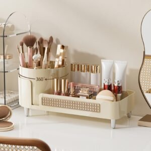 Rotating Makeup Caddy Organizer for Vanity, Large Capacity Cosmetic Display Case, Countertop Beauty Storage Holder for Skincare, Brush Eyeshadow Lipstick, Counter Desk Organization, White