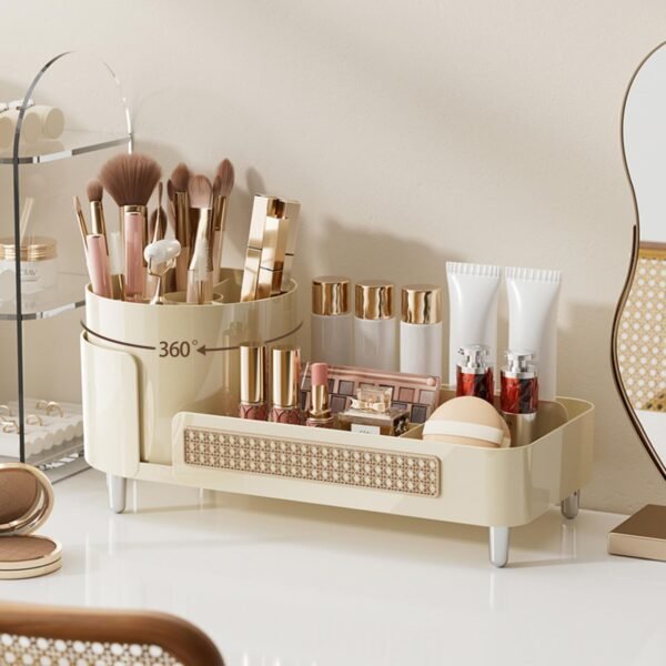 Rotating Makeup Caddy Organizer for Vanity, Large Capacity Cosmetic Display Case, Countertop Beauty Storage Holder for Skincare, Brush Eyeshadow Lipstick, Counter Desk Organization, White