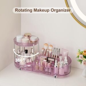 71GhWReCOWL._SL1500 360 Rotating Vanity Makeup Organizer, 2 Small Trays & 5 Compartments for Cosmetics, Skincare, Perfume, Lipstick & Make up Brushes Holder, Dresser Countertop Organizers and Storage for Bathroom, Desk