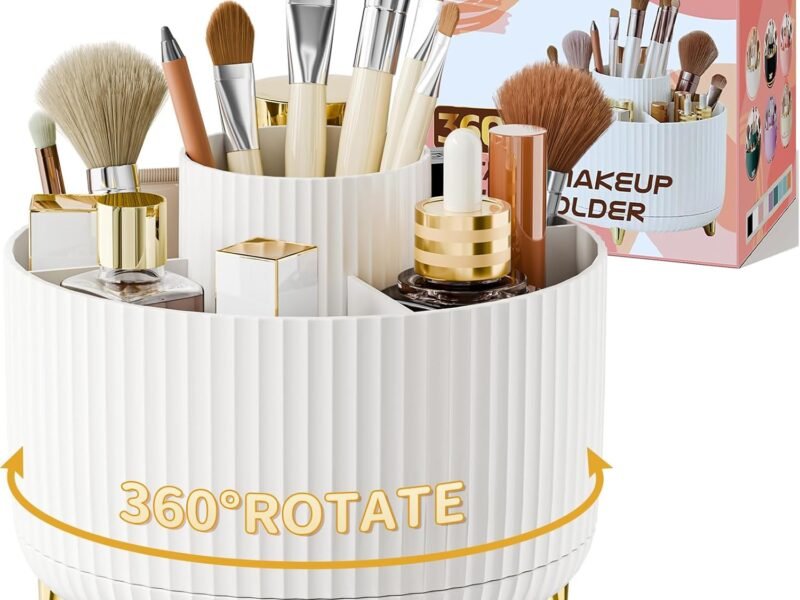 360° Rotate Makeup Brush Holder Organizer, Makeup Organizers Countertop, Makeup organization and Skincare Storage for Vanity, Desktop, Bathroom (White)