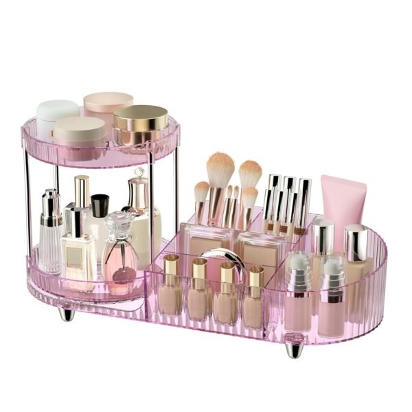 71JciKeLeiL._SL1500 360 Rotating Vanity Makeup Organizer, 2 Small Trays & 5 Compartments for Cosmetics, Skincare, Perfume, Lipstick & Make up Brushes Holder, Dresser Countertop Organizers and Storage for Bathroom, Desk