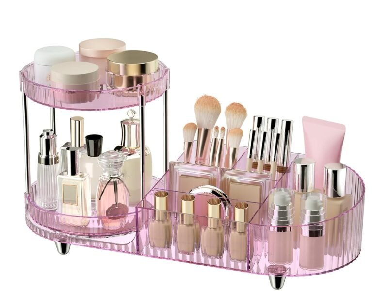 360 Rotating Vanity Makeup Organizer, 2 Small Trays & 5 Compartments for Cosmetics, Skincare, Perfume, Lipstick & Make up Brushes Holder, Dresser Countertop Organizers and Storage for Bathroom, Desk