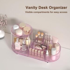 71SF7lgCmTL._SL1500 360 Rotating Vanity Makeup Organizer, 2 Small Trays & 5 Compartments for Cosmetics, Skincare, Perfume, Lipstick & Make up Brushes Holder, Dresser Countertop Organizers and Storage for Bathroom, Desk