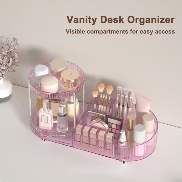 71SF7lgCmTL._SL1500 360 Rotating Vanity Makeup Organizer, 2 Small Trays & 5 Compartments for Cosmetics, Skincare, Perfume, Lipstick & Make up Brushes Holder, Dresser Countertop Organizers and Storage for Bathroom, Desk
