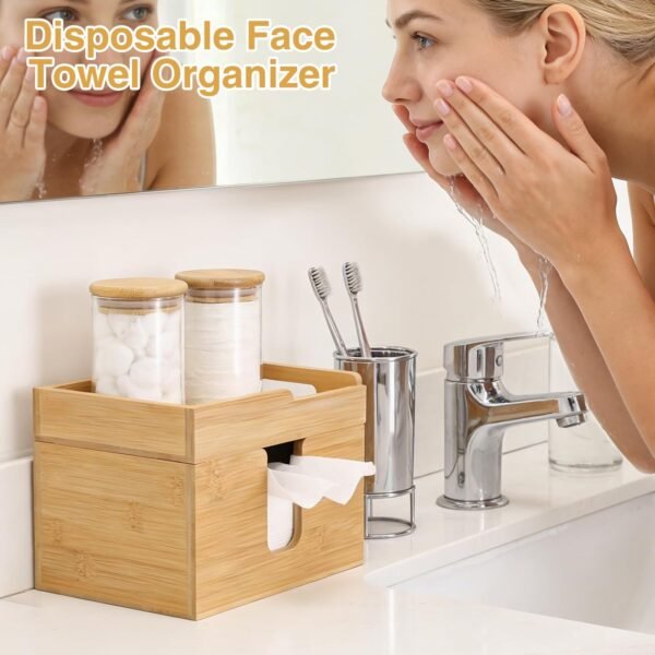 71Ue8ZFXq8L._AC_SL1500 Bamboo Disposable Face Towel Holder with 2 Glass Jars - Open-Top Skincare Organizer for Facial Cleansing Wipes & Beauty Essentials - Bathroom Countertop Vanity Organizer