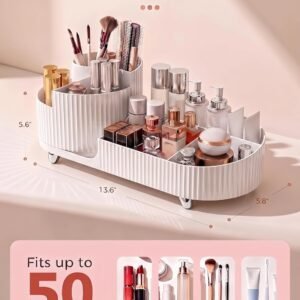 Rotating Makeup Caddy Organizer for Vanity, Large Capacity Cosmetic Display Case, Countertop Beauty Storage Holder for Skincare, Brush Eyeshadow Lipstick, Counter Desk Organization, White