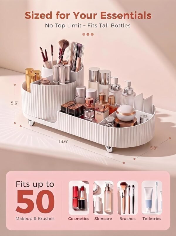 Rotating Makeup Caddy Organizer for Vanity, Large Capacity Cosmetic Display Case, Countertop Beauty Storage Holder for Skincare, Brush Eyeshadow Lipstick, Counter Desk Organization, White