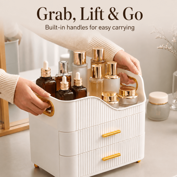 7e2442a3-19b7-4d24-a5c7-ab238a4d9eb7.1f9ffb60cfc33eccf8419b8b28ca5b1e Countertop Makeup Organizer with Drawers, 3 Tier Cosmetic Storage Box with Beauty Accessories Set, Vanity Bathroom Counter Dresser Skincare Display Case for Lipsticks, Beauty Palettes