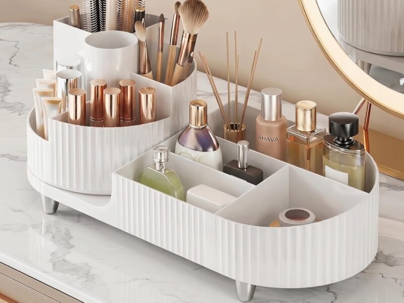 Rotating Makeup Caddy Organizer for Vanity, Large Capacity Cosmetic Display Case, Countertop Beauty Storage Holder for Skincare, Brush Eyeshadow Lipstick, Counter Desk Organization, White