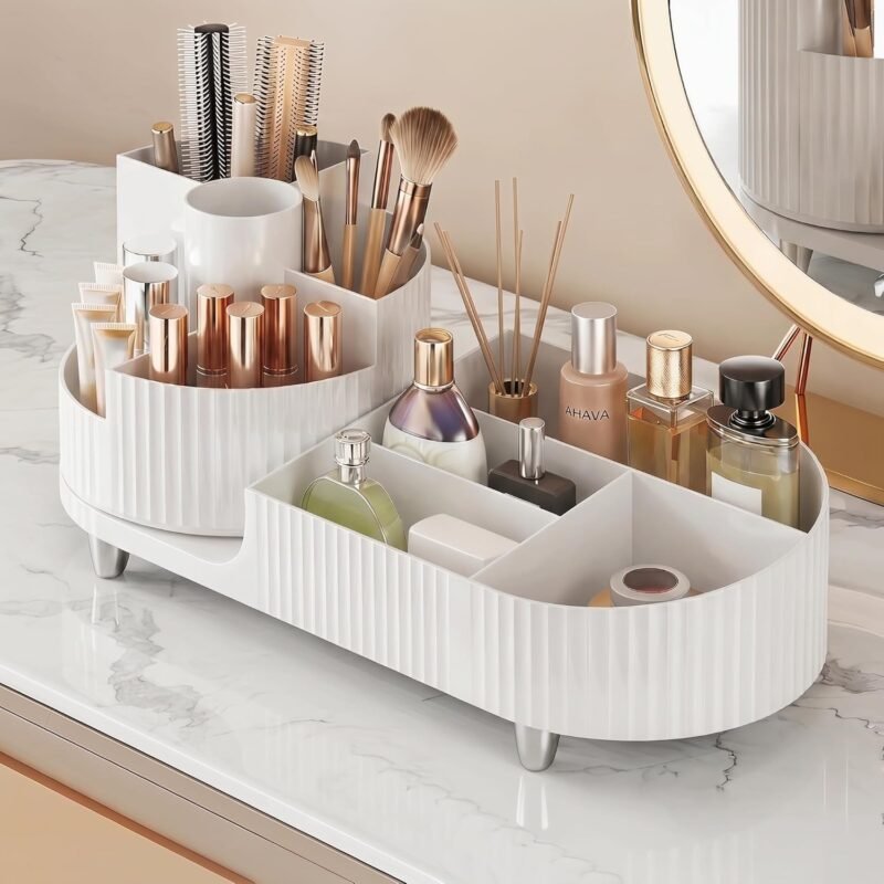 Rotating Makeup Caddy Organizer for Vanity, Large Capacity Cosmetic Display Case, Countertop Beauty Storage Holder for Skincare, Brush Eyeshadow Lipstick, Counter Desk Organization, White