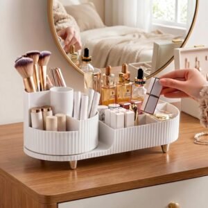 Rotating Makeup Caddy Organizer for Vanity, Large Capacity Cosmetic Display Case, Countertop Beauty Storage Holder for Skincare, Brush Eyeshadow Lipstick, Counter Desk Organization, White