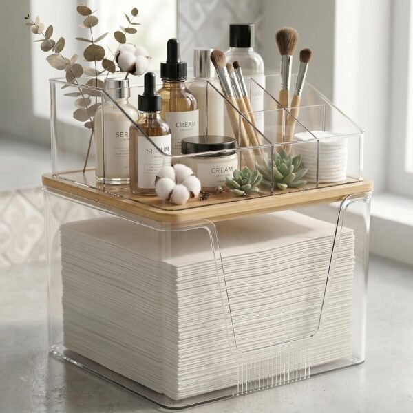 Disposable Facial Towels Holder with Bamboo Lid, 2 in 1 Facial Towels Storage Box and Cosmetics Organizer, Clear Acrylic Box Stackable Vanity Organizer Compatible with Clean Skin Club Towel XL