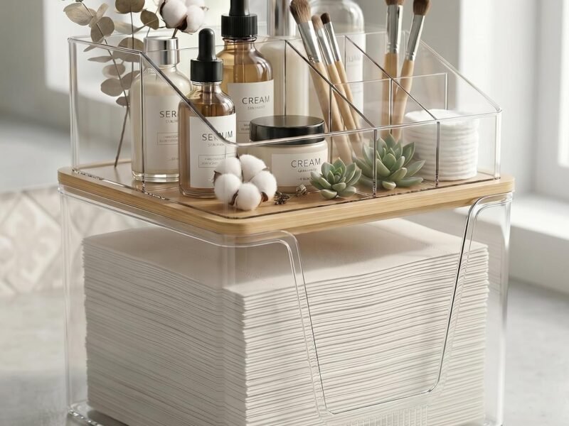 Disposable Facial Towels Holder with Bamboo Lid, 2 in 1 Facial Towels Storage Box and Cosmetics Organizer, Clear Acrylic Box Stackable Vanity Organizer Compatible with Clean Skin Club Towel XL