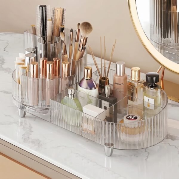 Rotating Makeup Caddy Organizer for Vanity, Large Capacity Cosmetic Display Case, Countertop Beauty Storage Holder for Skincare, Brush Eyeshadow Lipstick, Counter Desk Organization, White