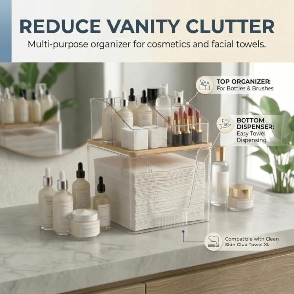 Disposable Facial Towels Holder with Bamboo Lid, 2 in 1 Facial Towels Storage Box and Cosmetics Organizer, Clear Acrylic Box Stackable Vanity Organizer Compatible with Clean Skin Club Towel XL