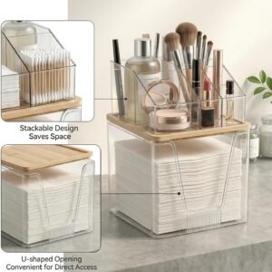 Disposable Facial Towels Holder with Bamboo Lid, 2 in 1 Facial Towels Storage Box and Cosmetics Organizer, Clear Acrylic Box Stackable Vanity Organizer Compatible with Clean Skin Club Towel XL