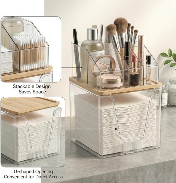 Disposable Facial Towels Holder with Bamboo Lid, 2 in 1 Facial Towels Storage Box and Cosmetics Organizer, Clear Acrylic Box Stackable Vanity Organizer Compatible with Clean Skin Club Towel XL