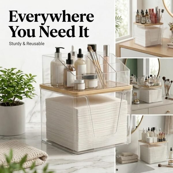 Disposable Facial Towels Holder with Bamboo Lid, 2 in 1 Facial Towels Storage Box and Cosmetics Organizer, Clear Acrylic Box Stackable Vanity Organizer Compatible with Clean Skin Club Towel XL