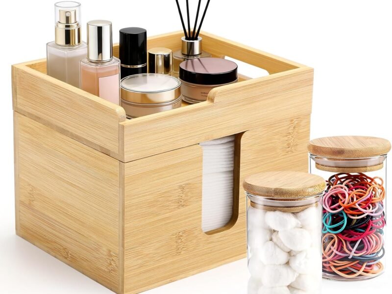 Bamboo Disposable Face Towel Holder with 2 Glass Jars - Open-Top Skincare Organizer for Facial Cleansing Wipes & Beauty Essentials - Bathroom Countertop Vanity Organizer