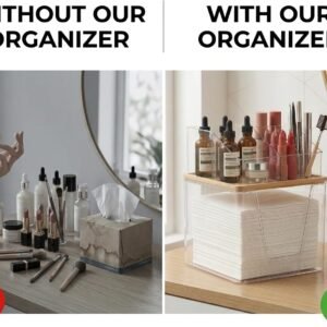 Disposable Facial Towels Holder with Bamboo Lid, 2 in 1 Facial Towels Storage Box and Cosmetics Organizer, Clear Acrylic Box Stackable Vanity Organizer Compatible with Clean Skin Club Towel XL