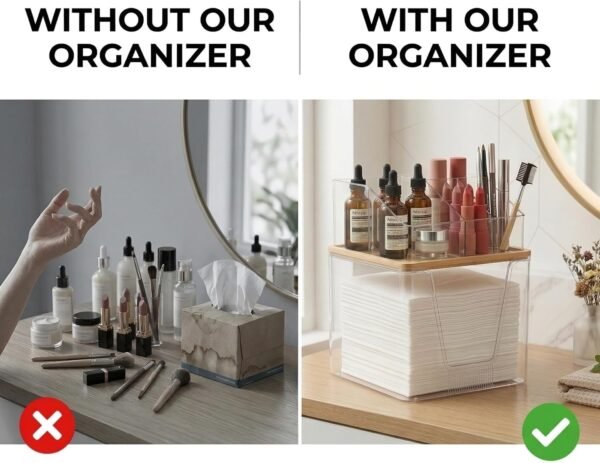 Disposable Facial Towels Holder with Bamboo Lid, 2 in 1 Facial Towels Storage Box and Cosmetics Organizer, Clear Acrylic Box Stackable Vanity Organizer Compatible with Clean Skin Club Towel XL