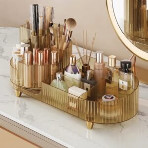 Rotating Makeup Caddy Organizer for Vanity, Large Capacity Cosmetic Display Case, Countertop Beauty Storage Holder for Skincare, Brush Eyeshadow Lipstick, Counter Desk Organization, White