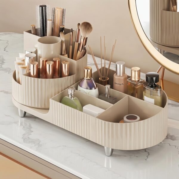Rotating Makeup Caddy Organizer for Vanity, Large Capacity Cosmetic Display Case, Countertop Beauty Storage Holder for Skincare, Brush Eyeshadow Lipstick, Counter Desk Organization, White