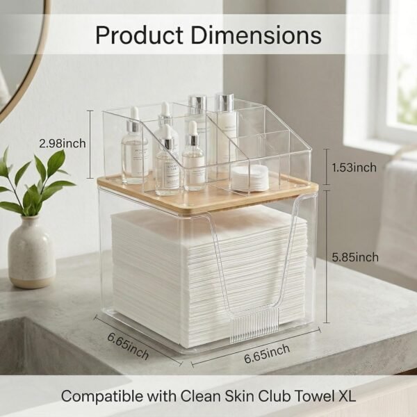 Disposable Facial Towels Holder with Bamboo Lid, 2 in 1 Facial Towels Storage Box and Cosmetics Organizer, Clear Acrylic Box Stackable Vanity Organizer Compatible with Clean Skin Club Towel XL