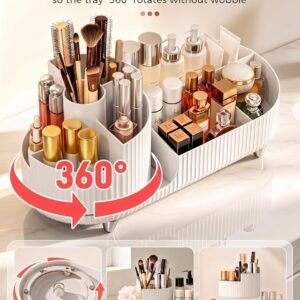 Rotating Makeup Caddy Organizer for Vanity, Large Capacity Cosmetic Display Case, Countertop Beauty Storage Holder for Skincare, Brush Eyeshadow Lipstick, Counter Desk Organization, White