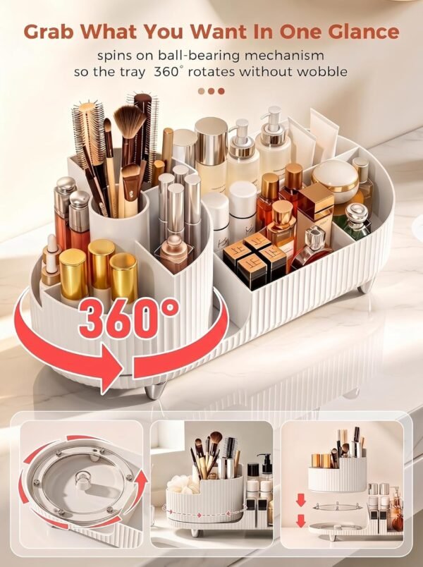 Rotating Makeup Caddy Organizer for Vanity, Large Capacity Cosmetic Display Case, Countertop Beauty Storage Holder for Skincare, Brush Eyeshadow Lipstick, Counter Desk Organization, White
