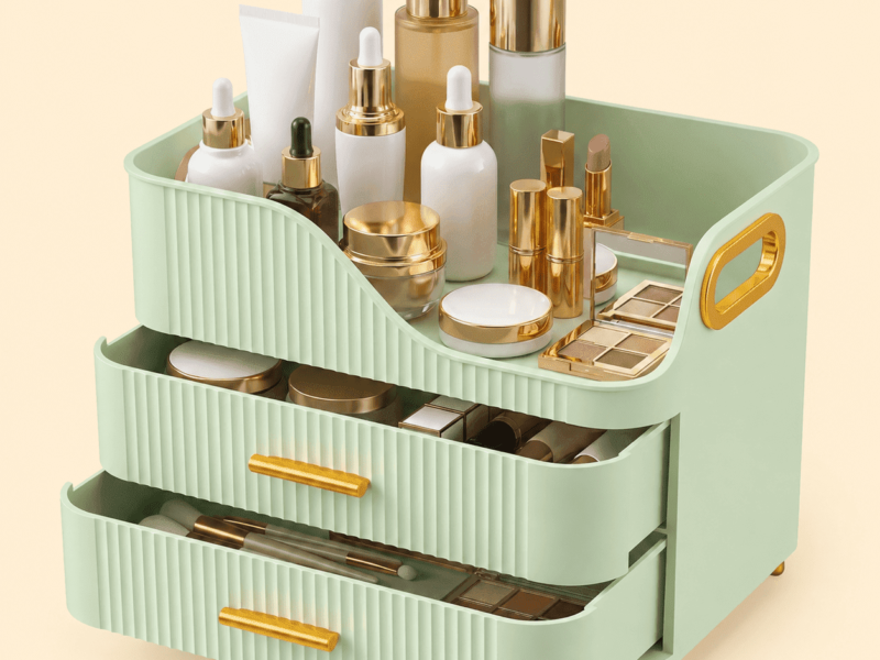 KQJS Makeup Organizer with Drawers, Large Capacity Cosmetic Storage Box for Vanity Countertop, Green