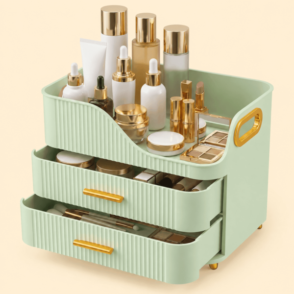 KQJS-Makeup-Organizer-with-Drawers-Large-Capacity-Cosmetic-Storage-Box-for-Vanity-Countertop-Green_3f61ab23-9d87-4d43-a43b-4cd35e8c19a0.e7be68cd550179362c2e385a3f9e90a1 Countertop Makeup Organizer with Drawers, 3 Tier Cosmetic Storage Box with Beauty Accessories Set, Vanity Bathroom Counter Dresser Skincare Display Case for Lipsticks, Beauty Palettes