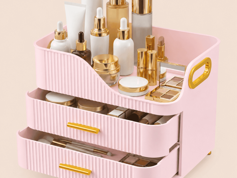 KQJS Makeup Organizer with Drawers, Large Capacity Cosmetic Storage Box for Vanity Countertop, Pink