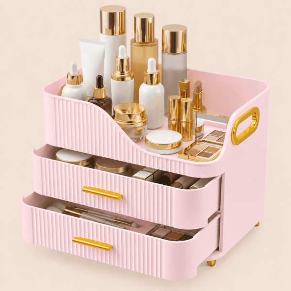 KQJS-Makeup-Organizer-with-Drawers-Large-Capacity-Cosmetic-Storage-Box-for-Vanity-Countertop-Pink_1bf9e277-f633-40cd-9b89-9fa54d49e8e2.b0d859be805a62ef823d54fdc9a0fec3 Countertop Makeup Organizer with Drawers, 3 Tier Cosmetic Storage Box with Beauty Accessories Set, Vanity Bathroom Counter Dresser Skincare Display Case for Lipsticks, Beauty Palettes