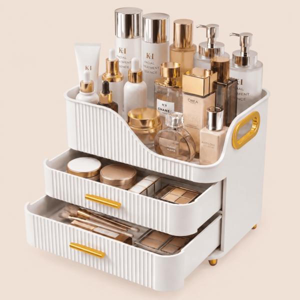 KQJS-Makeup-Organizer-with-Drawers-Large-Capacity-Cosmetic-Storage-Box-for-Vanity-Countertop-White_032e23e7-0255-4637-b4a1-be8b06e0c2f1.ed87d60b12035c63352f0fada964c99c Countertop Makeup Organizer with Drawers, 3 Tier Cosmetic Storage Box with Beauty Accessories Set, Vanity Bathroom Counter Dresser Skincare Display Case for Lipsticks, Beauty Palettes