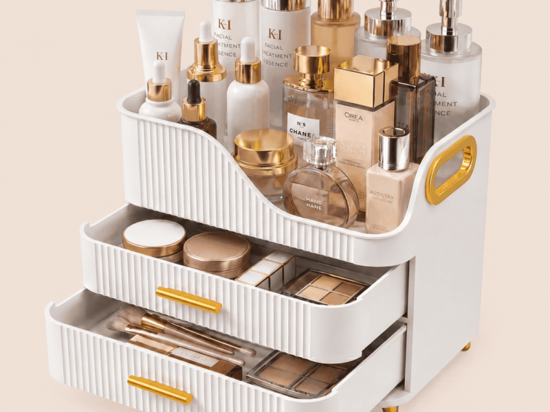 KQJS Makeup Organizer with Drawers, Large Capacity Cosmetic Storage Box for Vanity Countertop, White