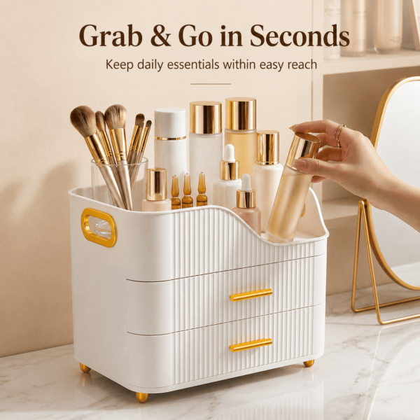 a7c3a8aa-701b-425b-b61d-ea255461a38b.15a1ab82a64789191e1bbd9f47875916 Countertop Makeup Organizer with Drawers, 3 Tier Cosmetic Storage Box with Beauty Accessories Set, Vanity Bathroom Counter Dresser Skincare Display Case for Lipsticks, Beauty Palettes