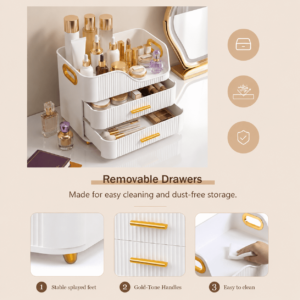 f433dbbf-29c3-49d4-9c37-b81936cdd0e2.f28de50961478c0d0ed2c98d2603d8c4 Countertop Makeup Organizer with Drawers, 3 Tier Cosmetic Storage Box with Beauty Accessories Set, Vanity Bathroom Counter Dresser Skincare Display Case for Lipsticks, Beauty Palettes
