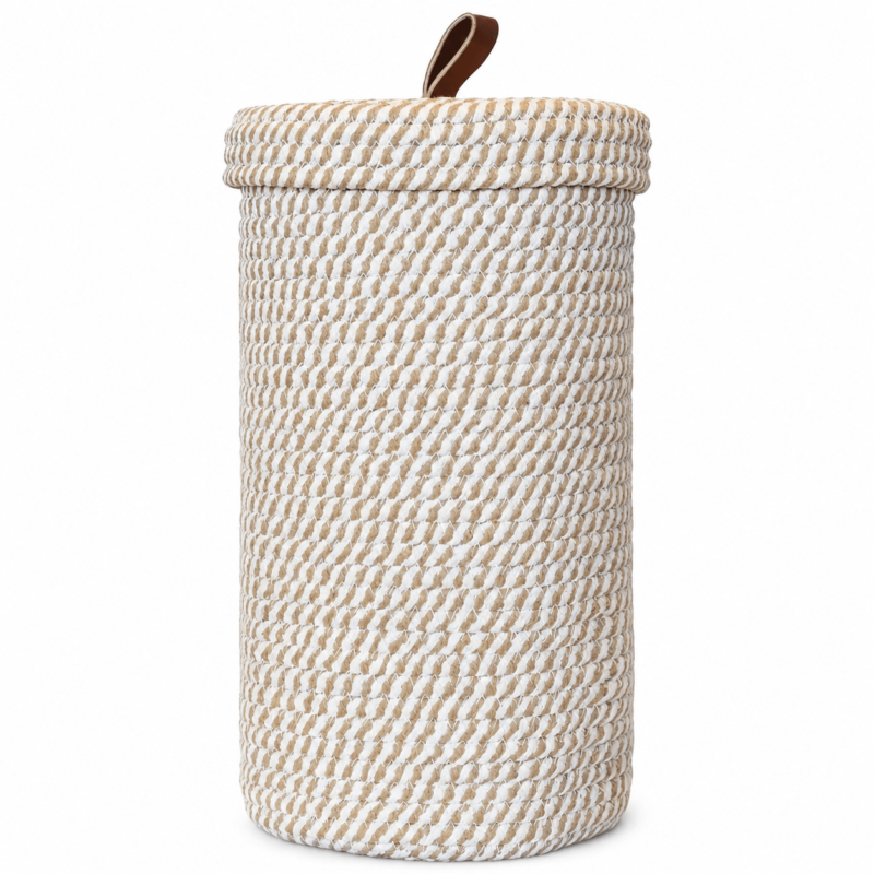 Handmade Woven Toilet Paper Holder with Lid, Freestanding Bathroom Storage Basket for 3 Mega Rolls, Cotton Rope Organizer